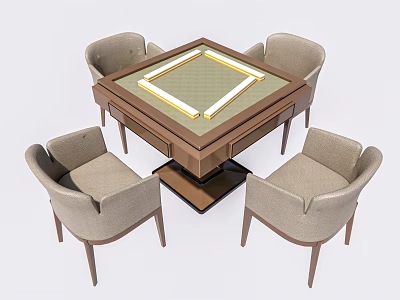 Square Wooden Entertainment Table with Mahjong Layout and Four Light Gray Chairs 3d model