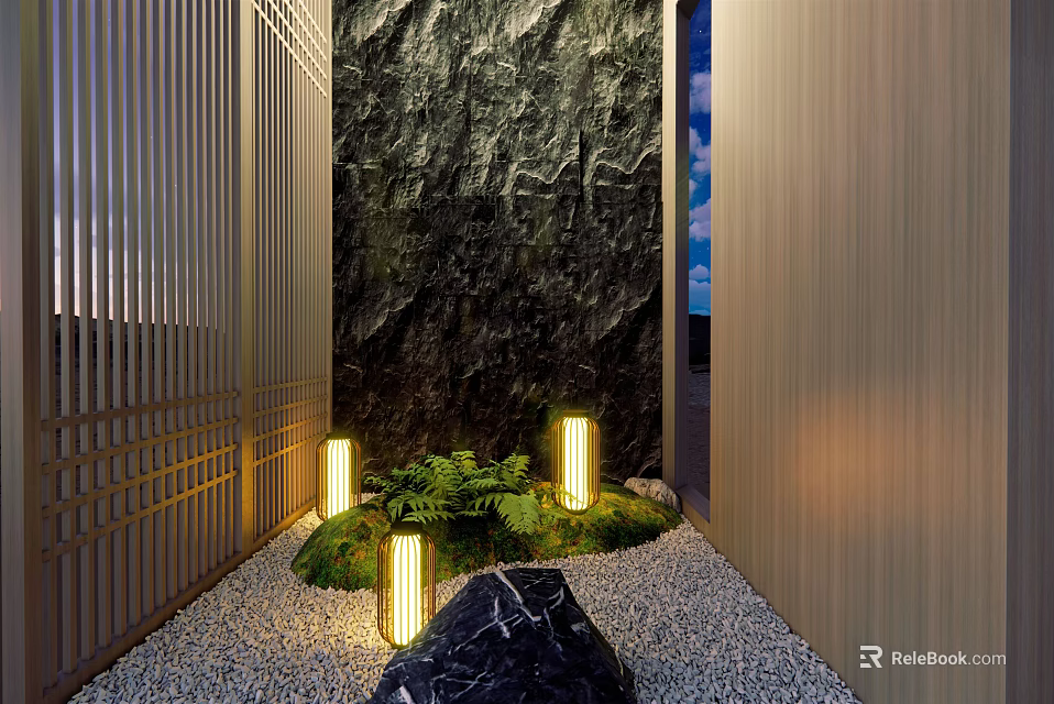 Outdoor Lights Illuminating Garden Pathway With Stone Wall Wooden Slats Greenery And Decorative Rock 3d model 