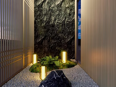 Outdoor Lights Illuminating Garden Pathway With Stone Wall Wooden Slats Greenery And Decorative Rock 3d model