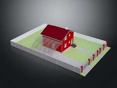 Red Roof House With White Fence Green Lawn And Red Pillars 3d model
