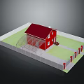 Red Roof House With White Fence Green Lawn And Red Pillars