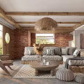 Rustic Living Room Interior With Wooden Beams Rattan Pendant Light Brick Wall And Gray Sofa