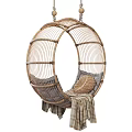 Cozy Round Rattan Hanging Chair with Soft Cushions and Natural Linen Blanket