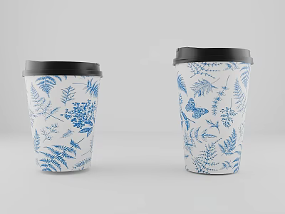 White Coffee Cups With Blue Floral Fern And Butterfly Patterns Black Lids 3d model