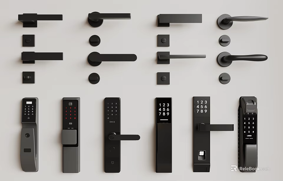 Various Modern Door Handles With Smart Lock Designs And Metal Lever Styles 3d model 