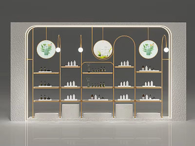 Modern Mall Store Interior with Round Green Decor White Shelves and Small Bottles 3d model