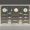 Modern Mall Store Interior with Round Green Decor White Shelves and Small Bottles