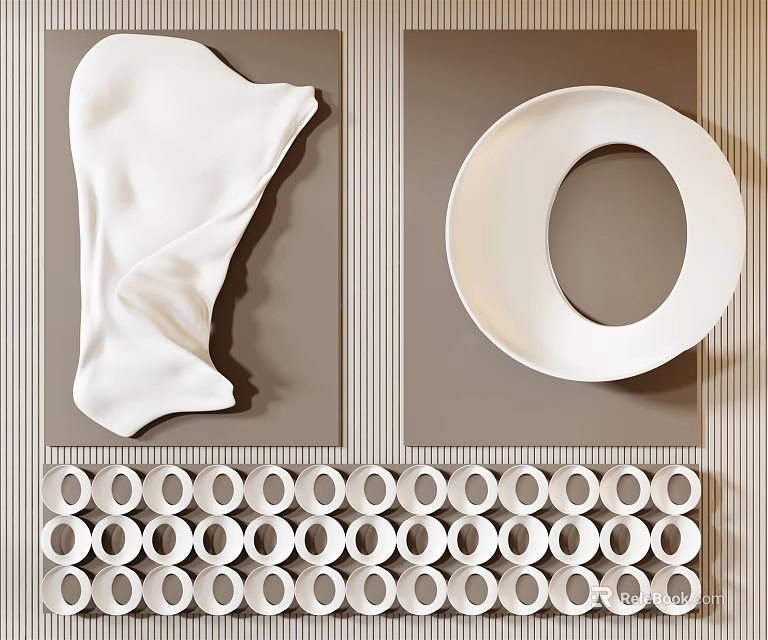 Elegant Modern Wall Decor With Abstract White Sculpture Circular Plate And Striped Background 3d model 