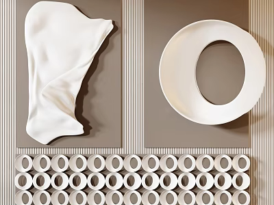 Elegant Modern Wall Decor With Abstract White Sculpture Circular Plate And Striped Background 3d model