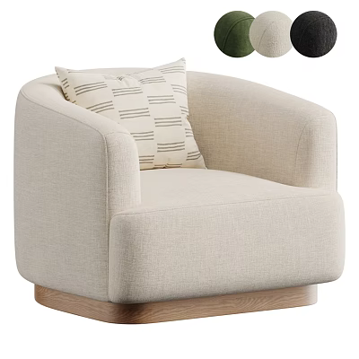 Modern Beige Upholstered Accent Chair With Striped Pillow And Wooden Base 3d model
