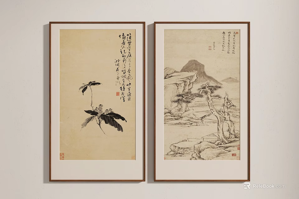 Traditional Chinese Ink Paintings With Calligraphy Framed As Wall Art Decor 3d model 
