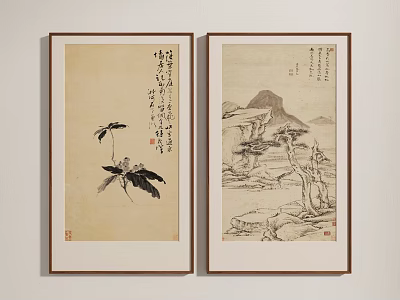 Traditional Chinese Ink Paintings With Calligraphy Framed As Wall Art Decor 3d model