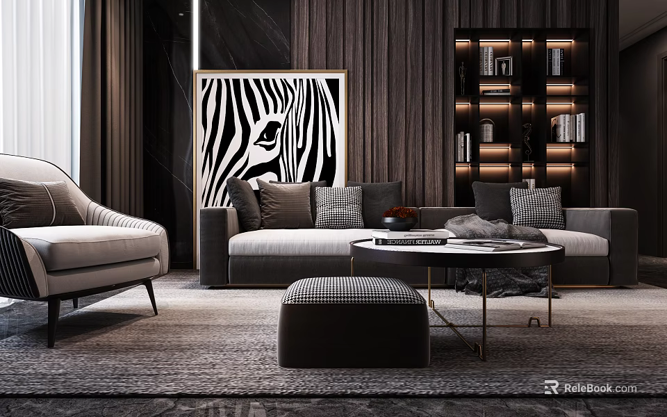 Modern Sofa and Coffee Table Set With Zebra Artwork Accent Pillows Ottoman and Area Rug 3d model 