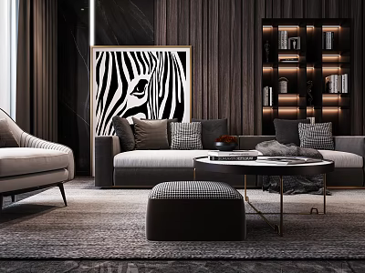Modern Sofa and Coffee Table Set With Zebra Artwork Accent Pillows Ottoman and Area Rug 3d model
