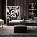 Modern Sofa and Coffee Table Set With Zebra Artwork Accent Pillows Ottoman and Area Rug