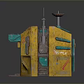 Futuristic Sci Fi Landscape Featuring Yellow Green Hexagonal Structure With Antenna And Mechanical Parts