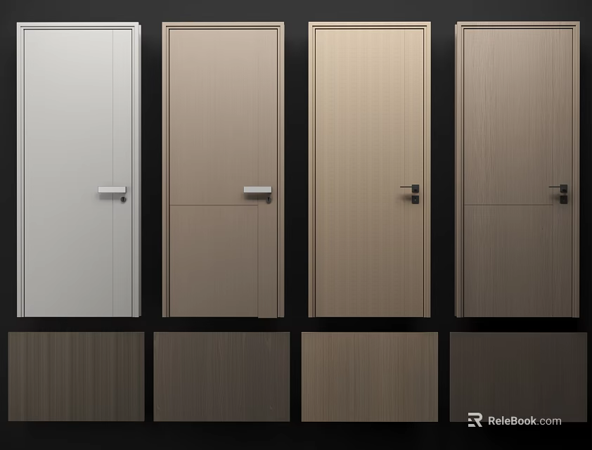 Various Hinged Doors with Different Wood Finishes and Neutral Colors for Modern Home Interior 3d model 
