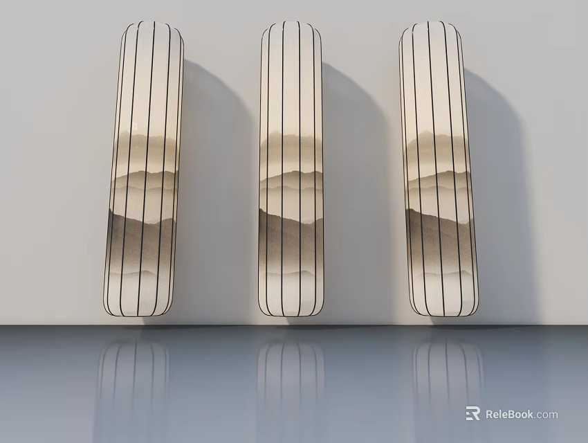 Modern Three Hinged Doors With Vertical Stripes Against Wall And Reflections 3d model
