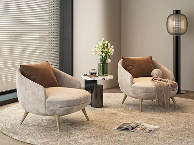 Beige Armchair With Brown Cushions Small Round Table Vase And Floor Lamp On Rug 3d model