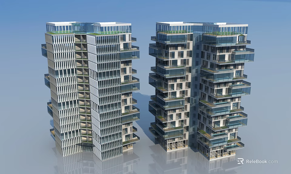Modern High Rise Residential Buildings With Glass Curtain Walls Balconies And Green Plant Roofs 3d model 