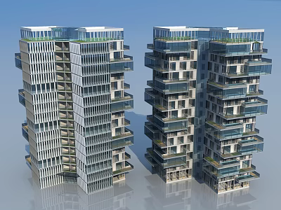 Modern High Rise Residential Buildings With Glass Curtain Walls Balconies And Green Plant Roofs 3d model