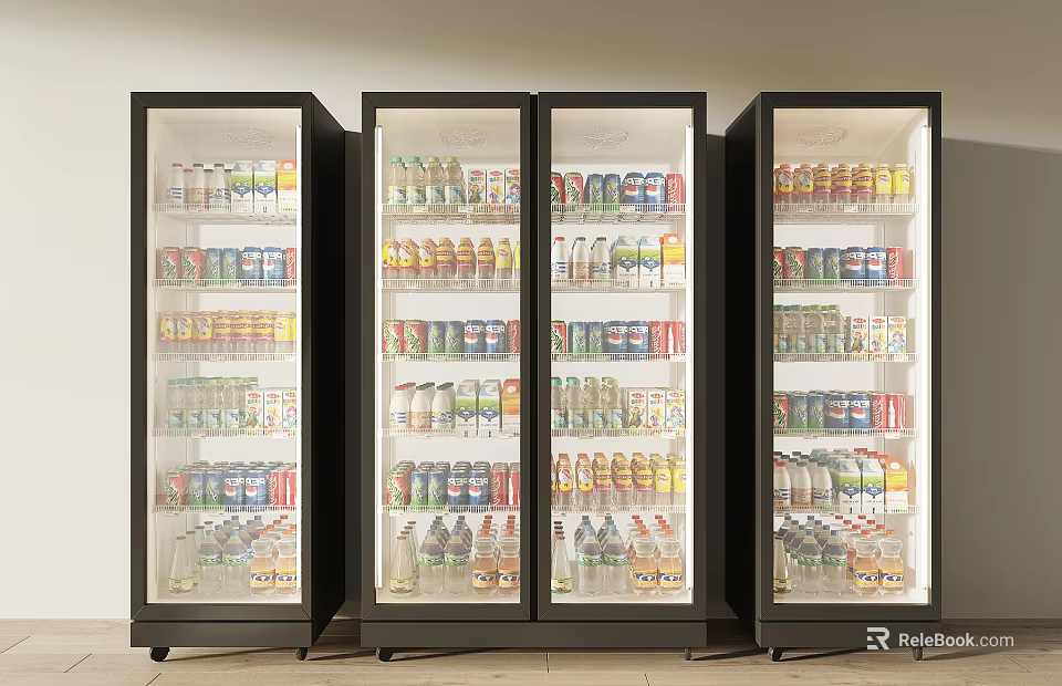 Multiple Commercial Glass Door Refrigerators Stocked with Assorted Beverages for 3d model 