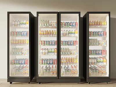 Multiple Commercial Glass Door Refrigerators Stocked with Assorted Beverages for 3d model
