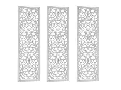 Three Vertical Decorative Panels Featuring Intricate Carved Lace-like Filigree Patterns 3d model
