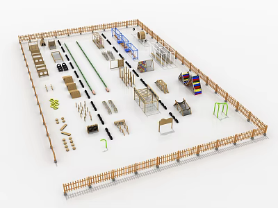 Children's Play Area With Wooden Fence And Various Playground Equipment 3d model