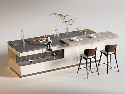 Stylish Bar Counter With Wooden Black Top Two Stools Plant Fruit And White Cabinets 3d model