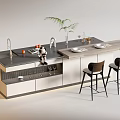 Stylish Bar Counter With Wooden Black Top Two Stools Plant Fruit And White Cabinets