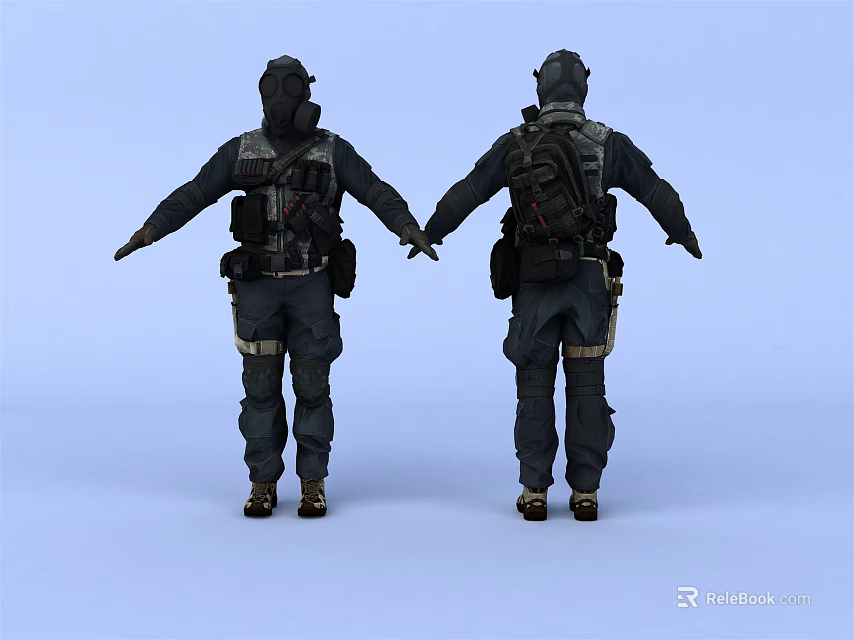 Two Tactical Game Movie Characters In Uniforms Holding Hands With Backpacks 3d model 