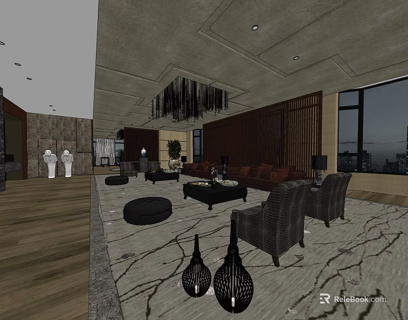 Elegant Hotel Public Lounge Area With Brown Sofas Woven Chairs Decorative Rug And Hanging Chandelier 3d model 