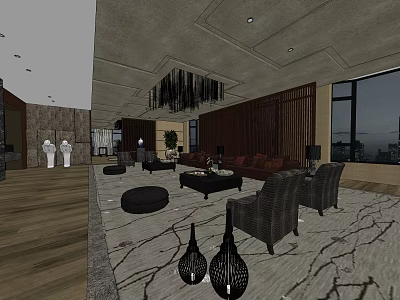 Elegant Hotel Public Lounge Area With Brown Sofas Woven Chairs Decorative Rug And Hanging Chandelier 3d model