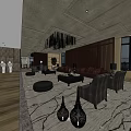 Elegant Hotel Public Lounge Area With Brown Sofas Woven Chairs Decorative Rug And Hanging Chandelier