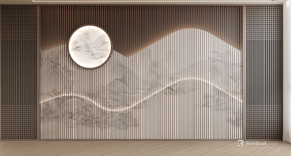 Modern Luxury Background Wall with Wooden Slats Circular Marble Decoration Landscape Texture and Light Strips 3d model 