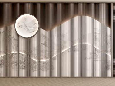 Modern Luxury Background Wall with Wooden Slats Circular Marble Decoration Landscape Texture and Light Strips 3d model