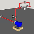 Industrial Equipment System With Red Pipes Blue Pump Valves And Pressure Gauge