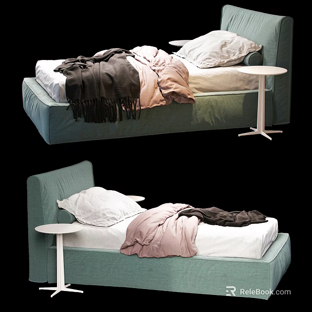Light Blue Single Bed with White Pillows Dark and Pink Blankets and Side Table 3d model