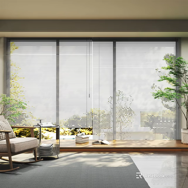 White Venetian Blinds On Window In Modern Interior With Chair Small Table And Green Plants 3d model 