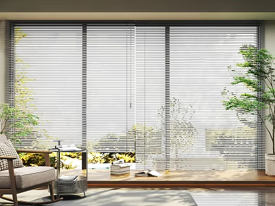 White Venetian Blinds On Window In Modern Interior With Chair Small Table And Green Plants 3d model