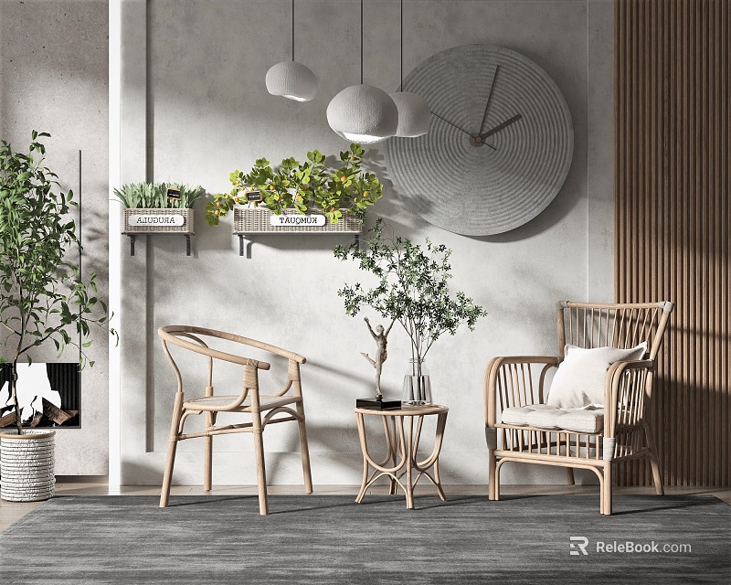 Natural Rattan Table And Chair Set With Green Plants And Wall Clock Decor 3d model 