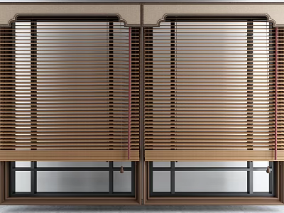 Closed Brown Wooden Blinds On Double Windows For Home Interior Design 3d model