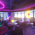 Stylish Bar Interior With Neon Lighting Purple Hue Sofa Area Plants Large Windows Night View