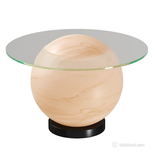 Round Glass Top Coffee Table With Spherical Light Beige Marble Texture Base And Black Support 3d model