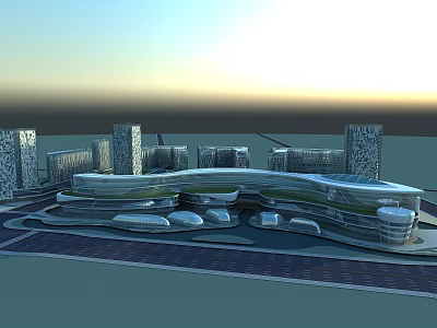Modern Commercial Complex Design With Glass Facade And Surrounding High Rise Buildings 3d model