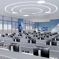 School Computer Classroom With Blue Walls Circular White Ceiling Designs And Neatly Arranged Computers For Student Learning 3d model