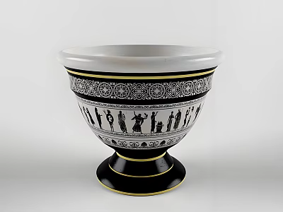 Black And Gold Decorative Vase With White Rim And Figurine Patterns On Base 3d model