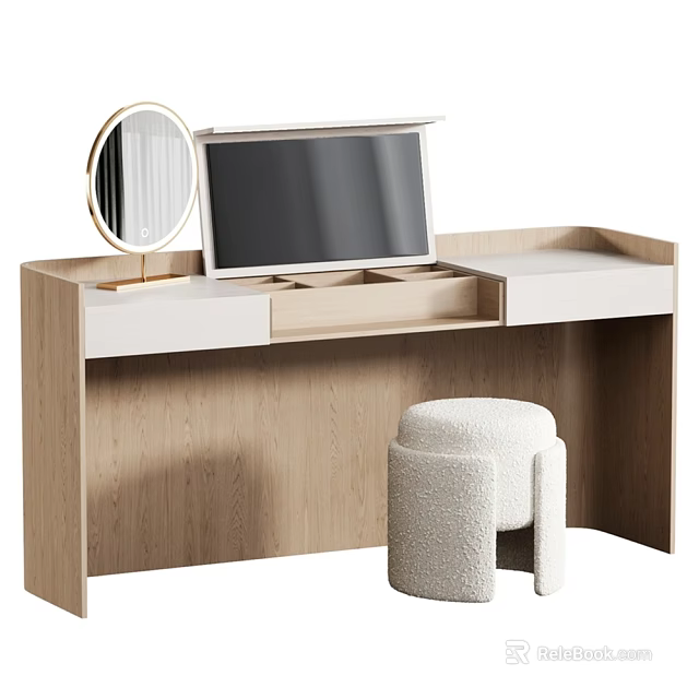 Modern Wooden Dressing Table with Open Drawer Round Mirror and Plush Stool 3d model 