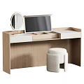 Modern Wooden Dressing Table with Open Drawer Round Mirror and Plush Stool